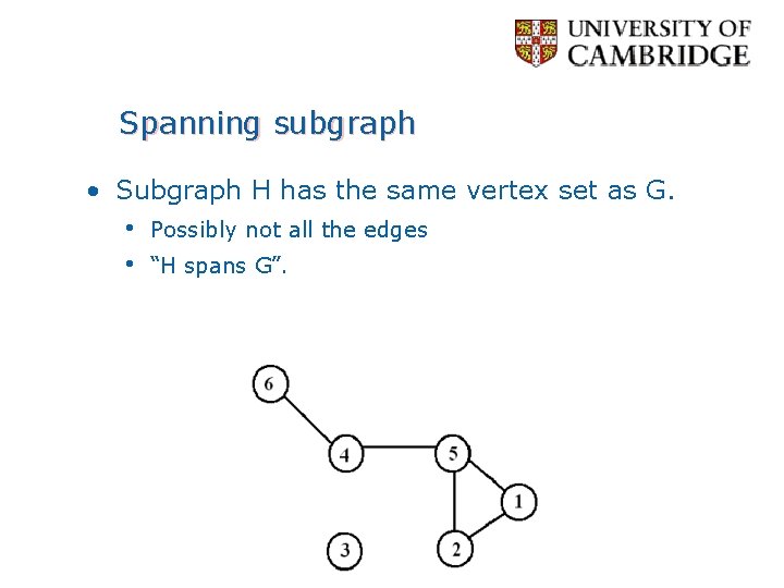 Spanning subgraph • Subgraph H has the same vertex set as G. • Possibly