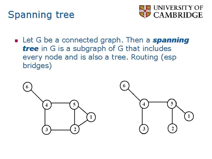 Spanning tree n Let G be a connected graph. Then a spanning tree in