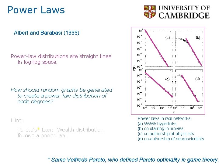 Power Laws Albert and Barabasi (1999) Power-law distributions are straight lines in log-log space.