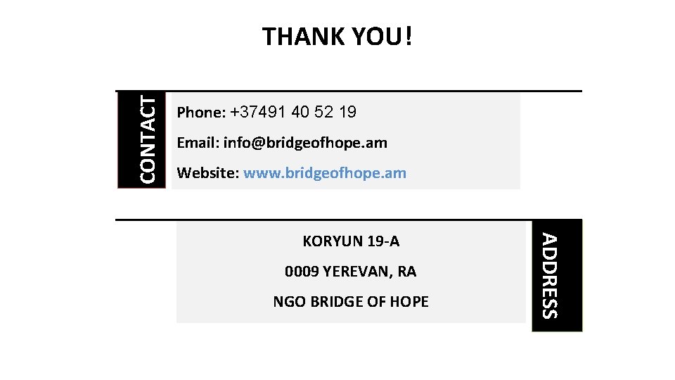 CONTACT THANK YOU! Phone: +37491 40 52 19 Email: info@bridgeofhope. am Website: www. bridgeofhope.