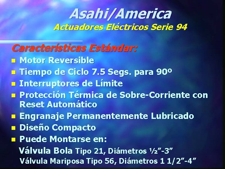 Asahi/America Actuadores Eléctricos Serie 94 Características Estándar: Motor Reversible n Tiempo de Ciclo 7.