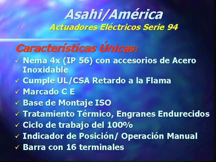 Asahi/América Actuadores Eléctricos Serie 94 Características Únicas: ü ü ü ü Nema 4 x