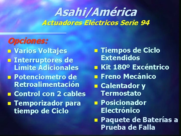 Asahi/América Actuadores Eléctricos Serie 94 Opciones: n n n Varios Voltajes Interruptores de Límite