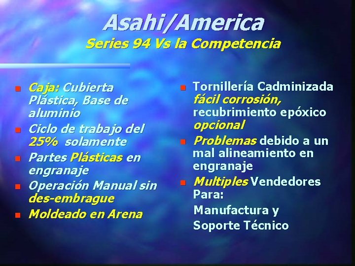 Asahi/America Series 94 Vs la Competencia n n n Caja: Cubierta Plástica, Base de