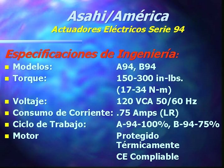 Asahi/América Actuadores Eléctricos Serie 94 Especificaciones de Ingeniería: n n n Modelos: Torque: A