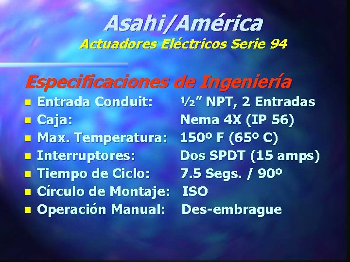 Asahi/América Actuadores Eléctricos Serie 94 Especificaciones de Ingeniería n n n n Entrada Conduit: