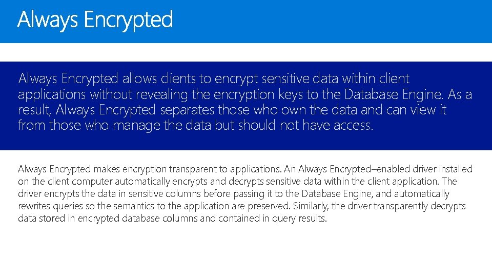 Always Encrypted allows clients to encrypt sensitive data within client applications without revealing the