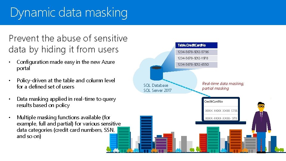 Dynamic data masking Prevent the abuse of sensitive data by hiding it from users