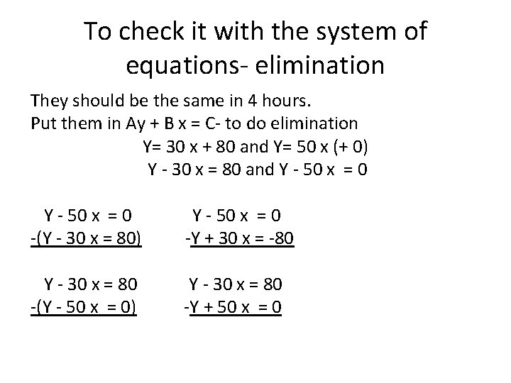 To check it with the system of equations- elimination They should be the same