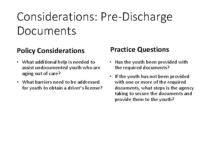 Considerations: Pre-Discharge Documents Policy Considerations Practice Questions • What additional help is needed to