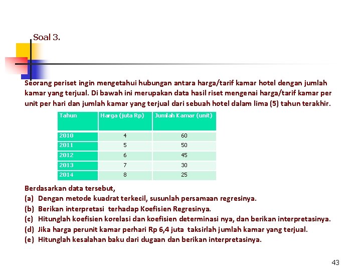 Soal 3. Seorang periset ingin mengetahui hubungan antara harga/tarif kamar hotel dengan jumlah kamar