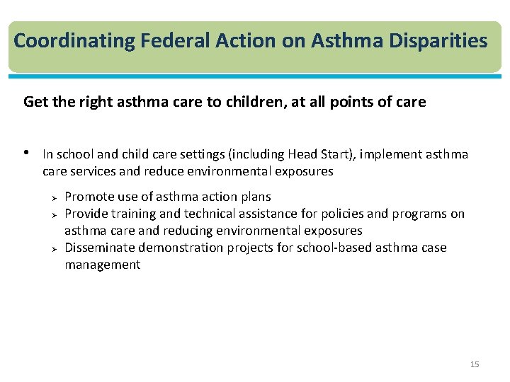 Coordinating Federal Action on Asthma Disparities Get the right asthma care to children, at