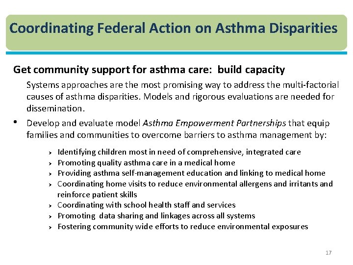 Coordinating Federal Action on Asthma Disparities Get community support for asthma care: build capacity
