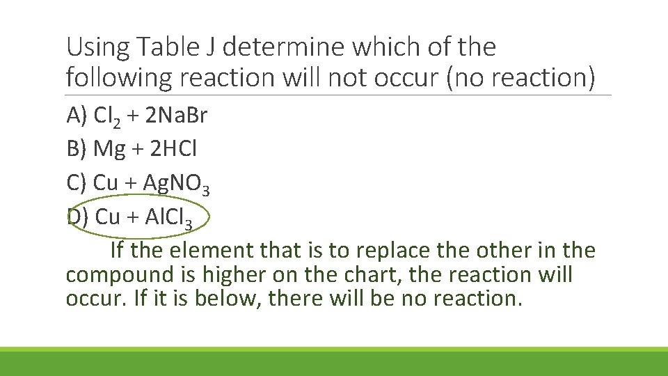 Using Table J determine which of the following reaction will not occur (no reaction)