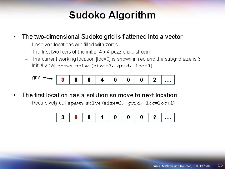 Sudoko Algorithm • The two-dimensional Sudoko grid is flattened into a vector – –