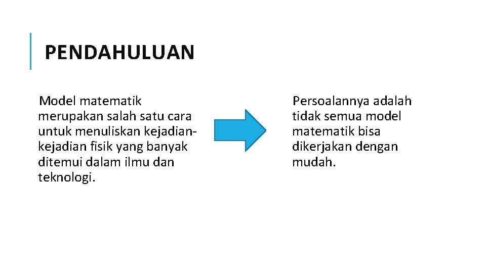 PENDAHULUAN Model matematik merupakan salah satu cara untuk menuliskan kejadian fisik yang banyak ditemui