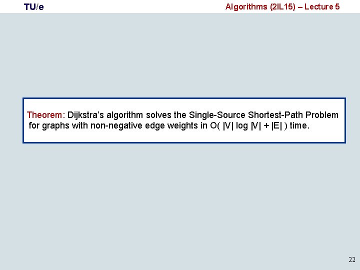 TU/e Algorithms (2 IL 15) – Lecture 5 Theorem: Dijkstra’s algorithm solves the Single-Source