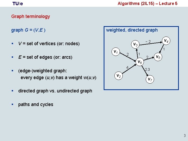 TU/e Algorithms (2 IL 15) – Lecture 5 Graph terminology graph G = (V,