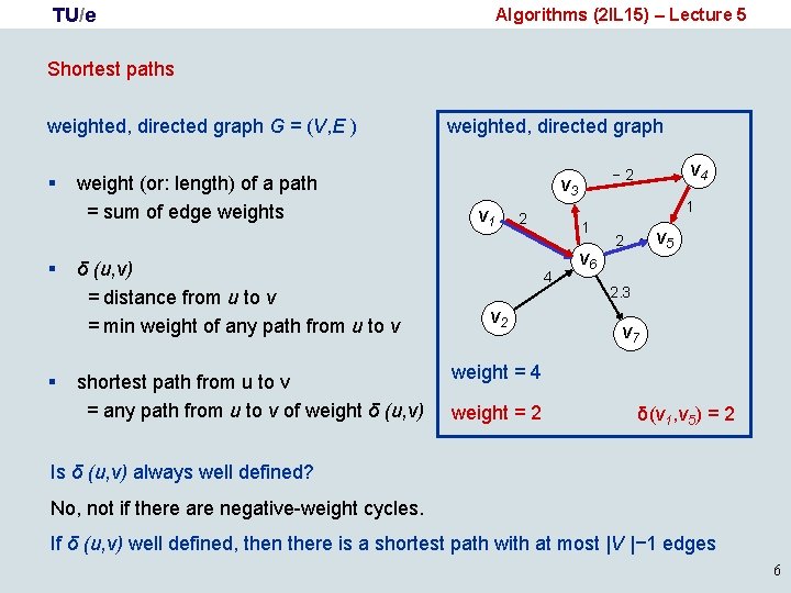 TU/e Algorithms (2 IL 15) – Lecture 5 Shortest paths weighted, directed graph G