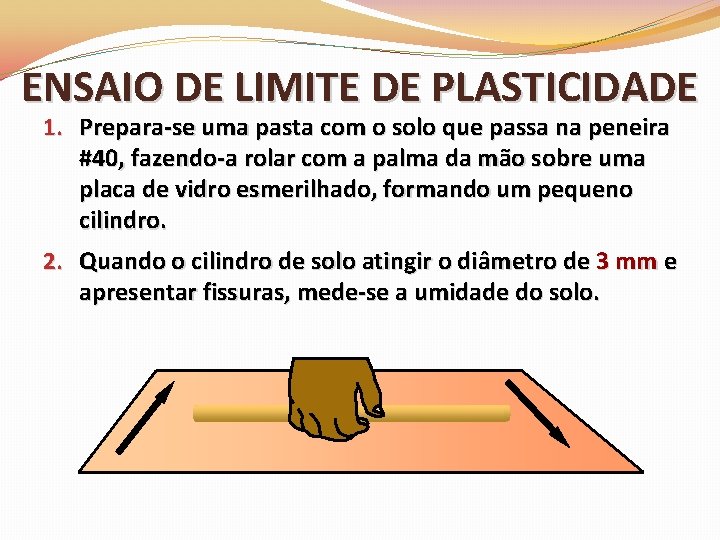 ENSAIO DE LIMITE DE PLASTICIDADE 1. Prepara-se uma pasta com o solo que passa