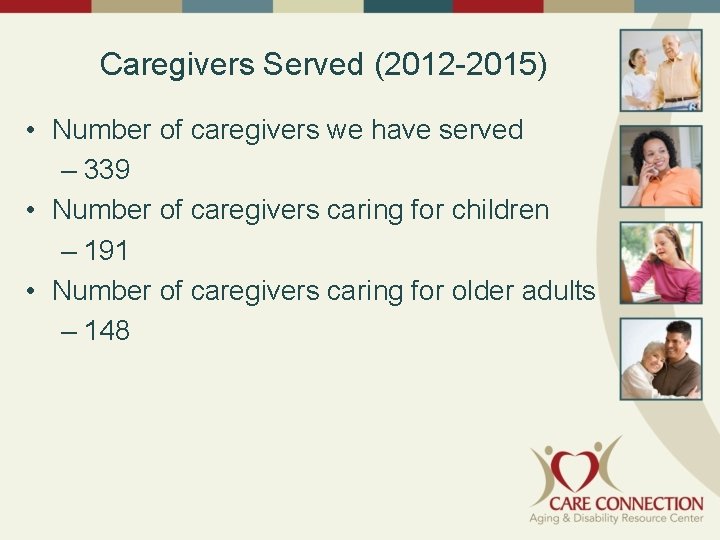 Caregivers Served (2012 -2015) • Number of caregivers we have served – 339 •