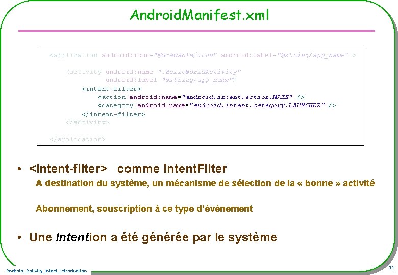 Android. Manifest. xml • <intent-filter> comme Intent. Filter A destination du système, un mécanisme