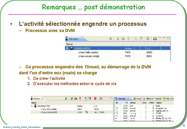 Remarques … post démonstration • L’activité sélectionnée engendre un processus – Processus avec sa