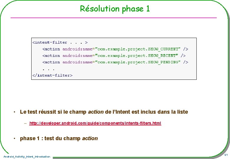 Résolution phase 1 • Le test réussit si le champ action de l’Intent est