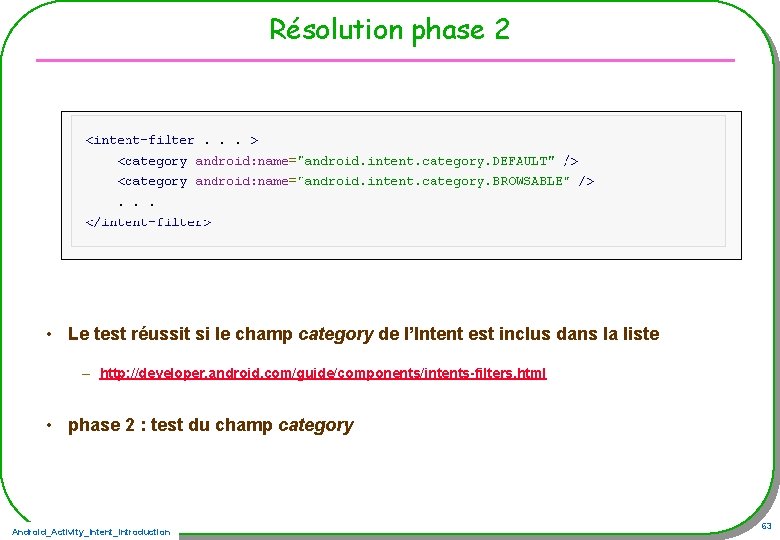 Résolution phase 2 • Le test réussit si le champ category de l’Intent est