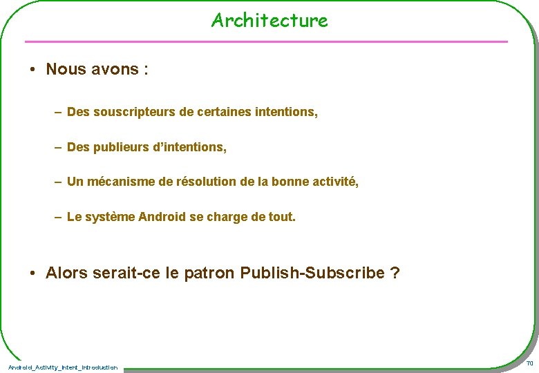 Architecture • Nous avons : – Des souscripteurs de certaines intentions, – Des publieurs