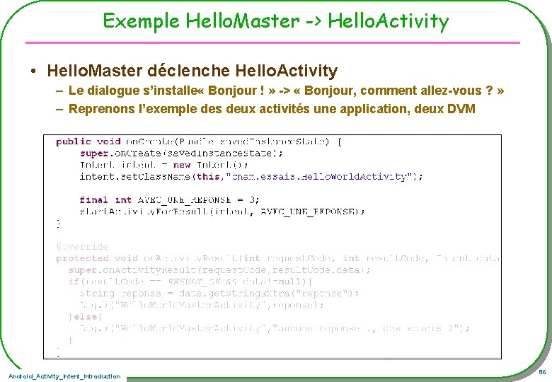 Exemple Hello. Master -> Hello. Activity • Hello. Master déclenche Hello. Activity – Le