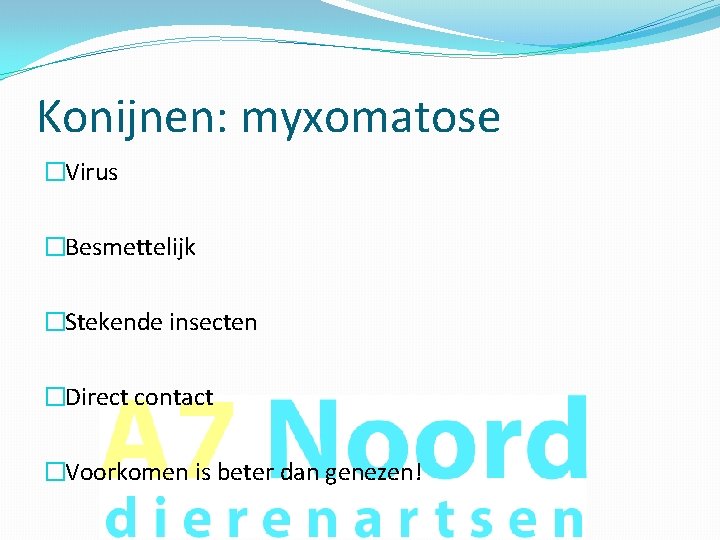 Konijnen: myxomatose �Virus �Besmettelijk �Stekende insecten �Direct contact �Voorkomen is beter dan genezen! 