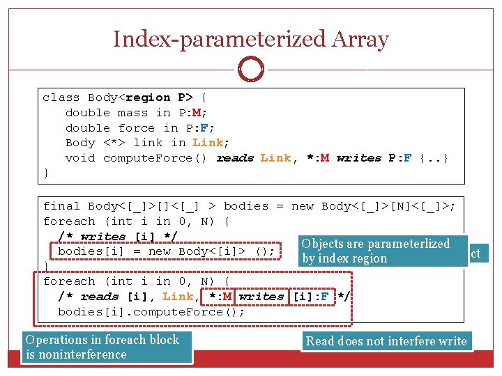 Index-parameterized Array 16 class Body<region P> { double mass in P: M; double force Index-parameterized Array 16 class Body<region P> { double mass in P: M; double force