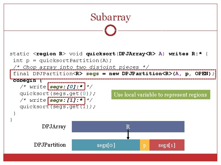 Subarray 18 static <region R> void quicksort(DPJArray<R> A) writes R: * { int p Subarray 18 static <region R> void quicksort(DPJArray<R> A) writes R: * { int p