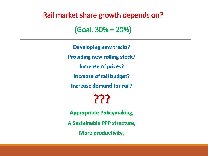 Rail market share growth depends on? (Goal: 30% + 20%) Developing new tracks? Providing
