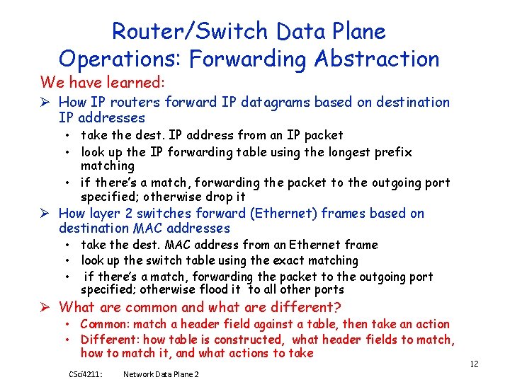 Router/Switch Data Plane Operations: Forwarding Abstraction We have learned: Ø How IP routers forward