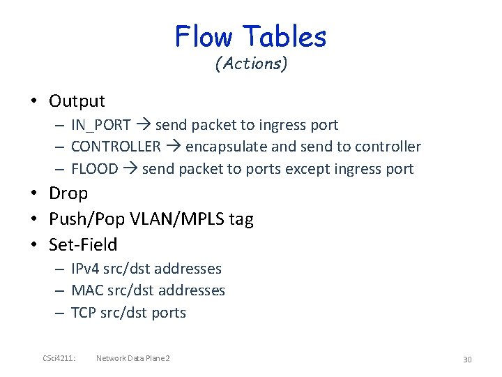 Flow Tables (Actions) • Output – IN_PORT send packet to ingress port – CONTROLLER