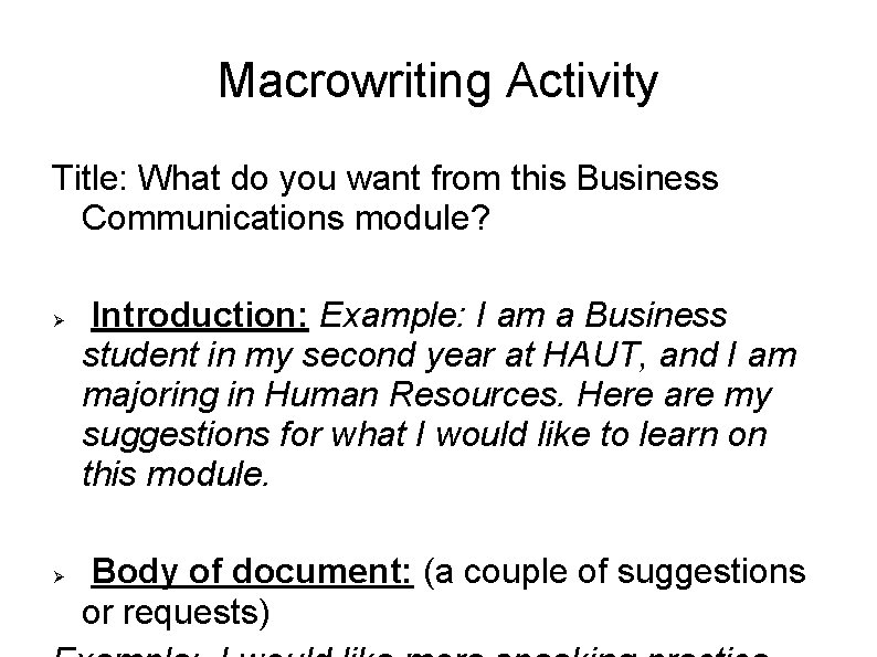 Macrowriting Activity Title: What do you want from this Business Communications module? Introduction: Example: