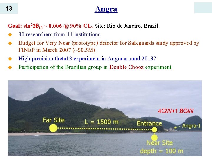13 Angra Goal: sin 22 13 ~ 0. 006 @ 90% CL. Site: Rio