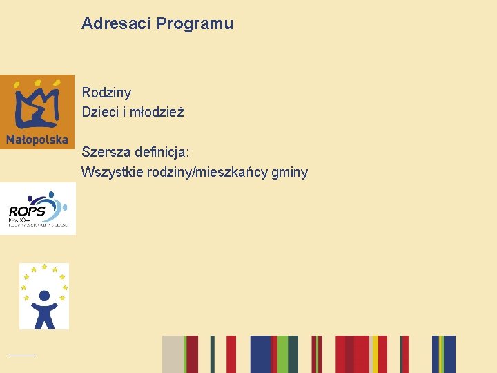 Adresaci Programu Rodziny Dzieci i młodzież Szersza definicja: Wszystkie rodziny/mieszkańcy gminy 