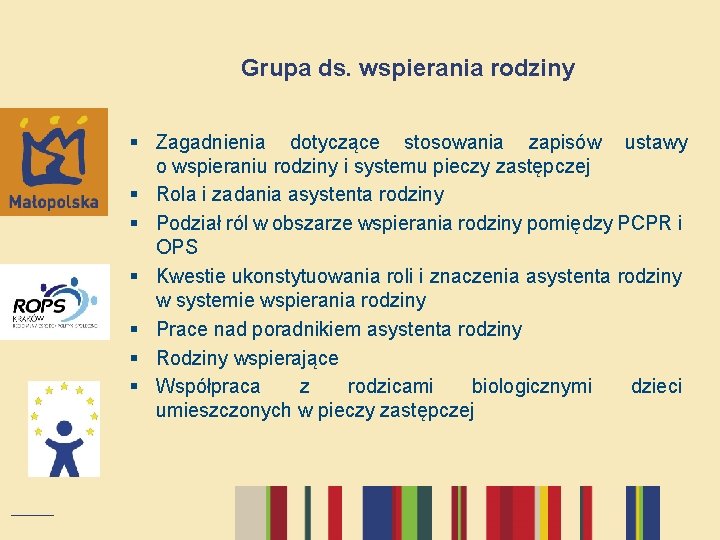 Grupa ds. wspierania rodziny § Zagadnienia dotyczące stosowania zapisów ustawy o wspieraniu rodziny i