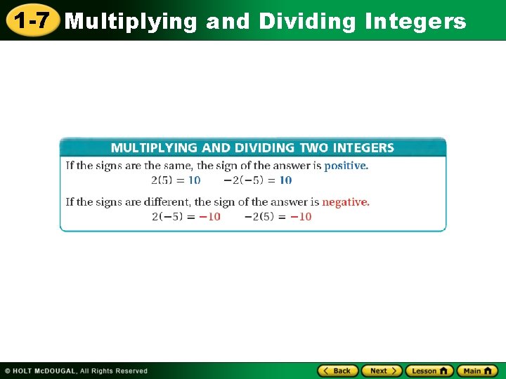 1 -7 Multiplying and Dividing Integers 