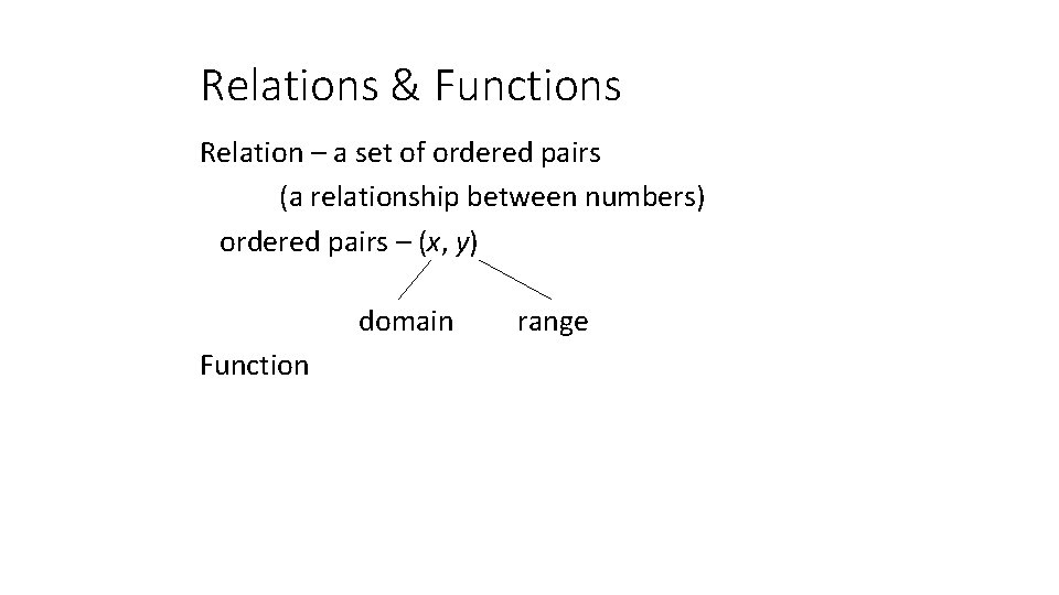 Relations & Functions Relation – a set of ordered pairs (a relationship between numbers)