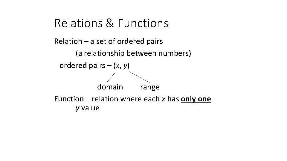 Relations & Functions Relation – a set of ordered pairs (a relationship between numbers)