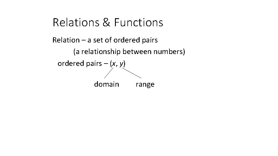 Relations & Functions Relation – a set of ordered pairs (a relationship between numbers)