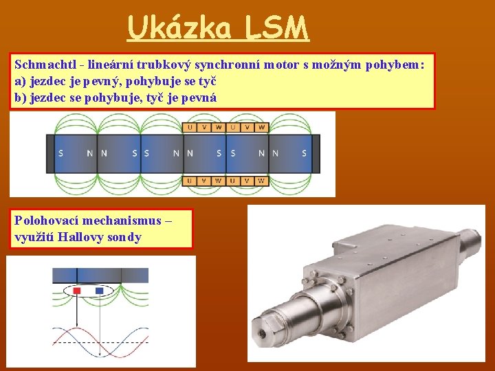 Ukázka LSM Schmachtl - lineární trubkový synchronní motor s možným pohybem: a) jezdec je