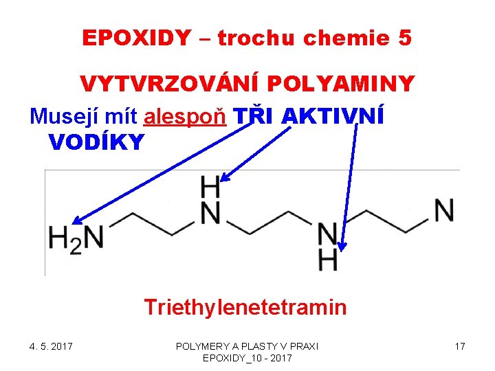 EPOXIDY – trochu chemie 5 VYTVRZOVÁNÍ POLYAMINY Musejí mít alespoň TŘI AKTIVNÍ VODÍKY Triethylenetetramin