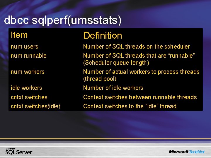 dbcc sqlperf(umsstats) Item Definition num users Number of SQL threads on the scheduler num