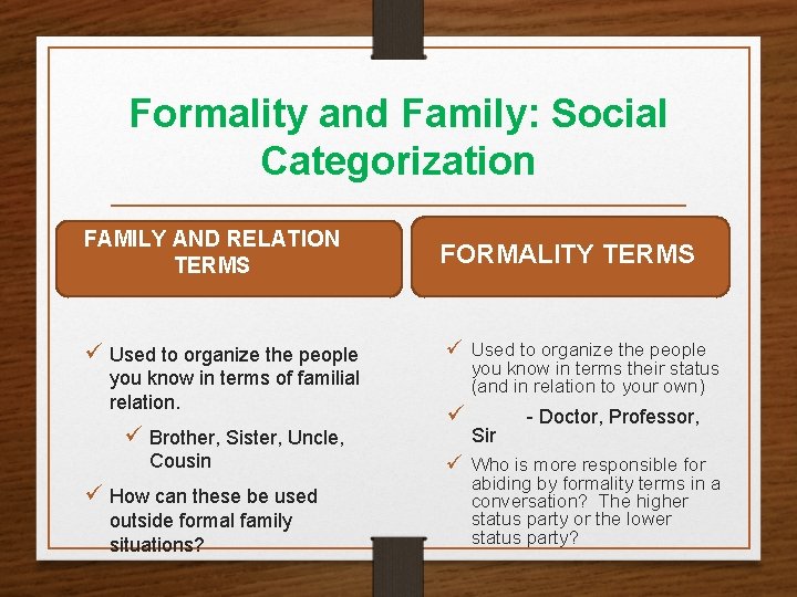 Formality and Family: Social Categorization FAMILY AND RELATION TERMS FORMALITY TERMS ü Used to Formality and Family: Social Categorization FAMILY AND RELATION TERMS FORMALITY TERMS ü Used to