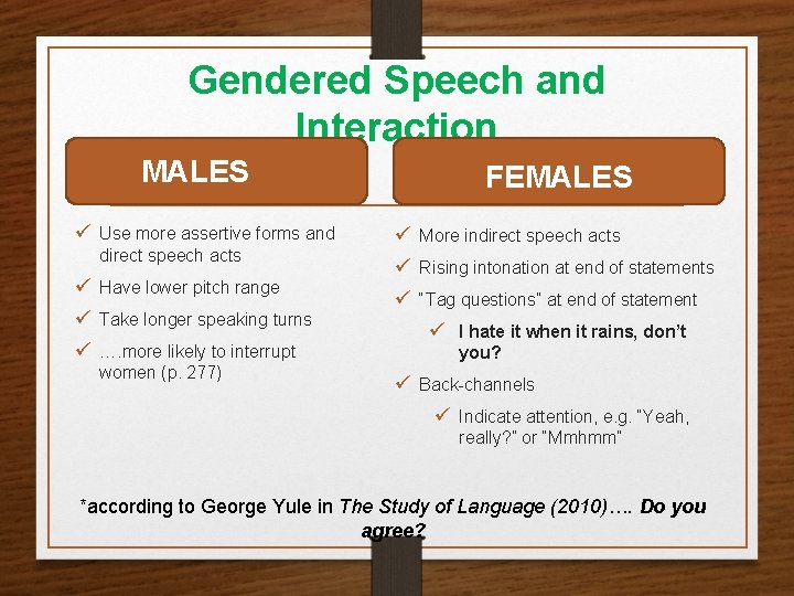 Gendered Speech and Interaction MALES ü Use more assertive forms and direct speech acts Gendered Speech and Interaction MALES ü Use more assertive forms and direct speech acts